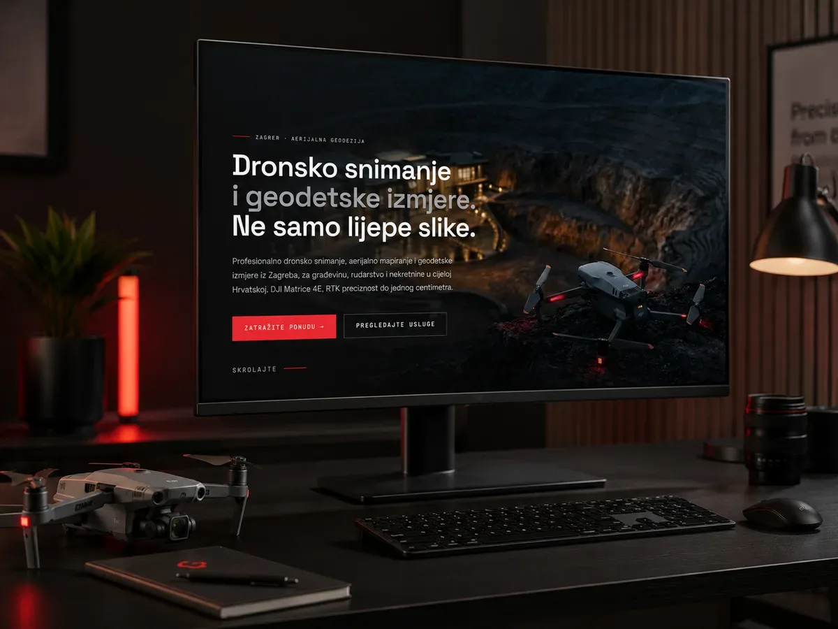 2Clicks – animeret webdesign, branding og udvikling for en droneopmålingsvirksomhed i Zagreb