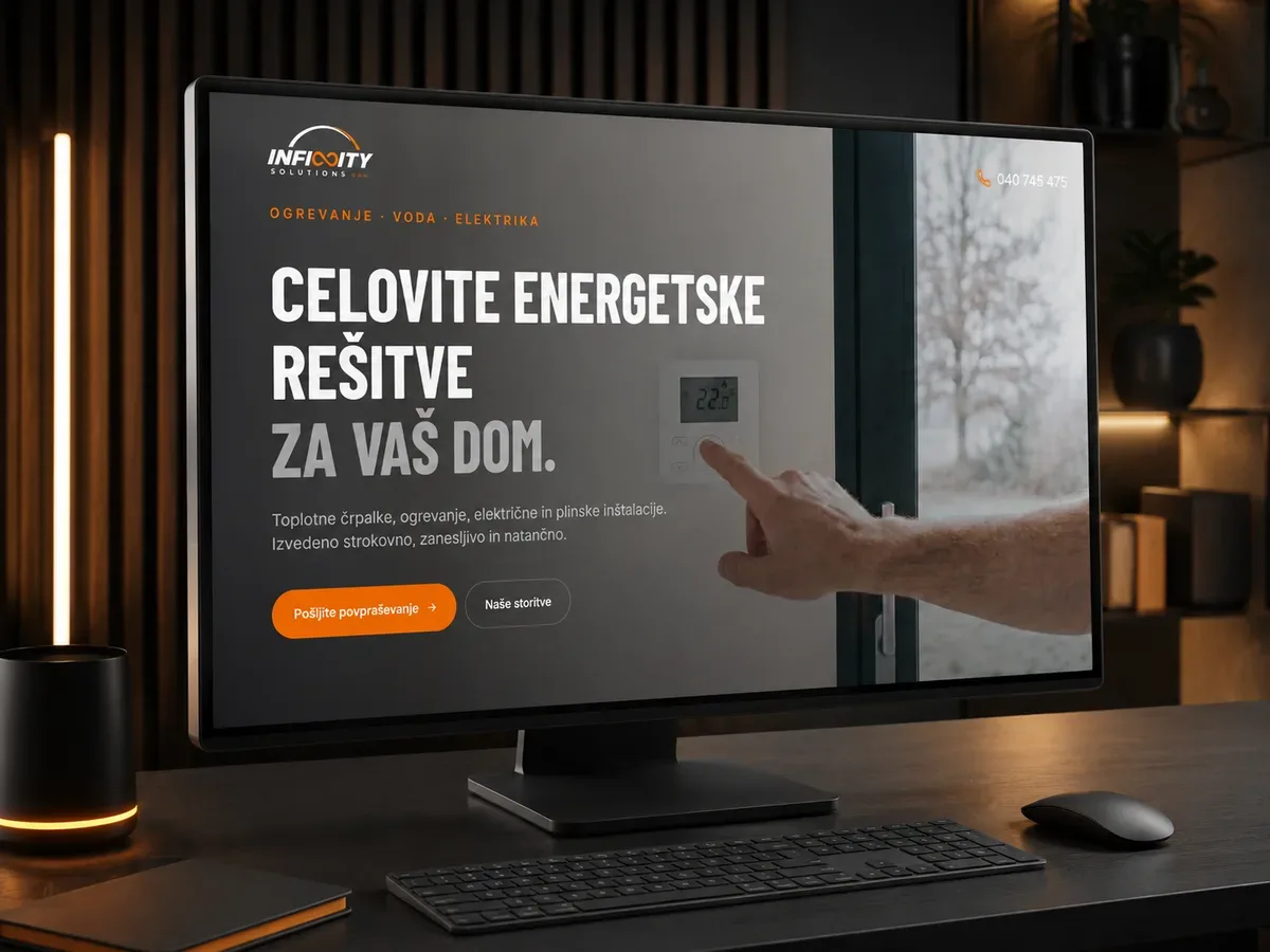 Infinity Solutions – animeret webdesign, branding og udvikling for en energi- og installationsvirksomhed i Slovenien